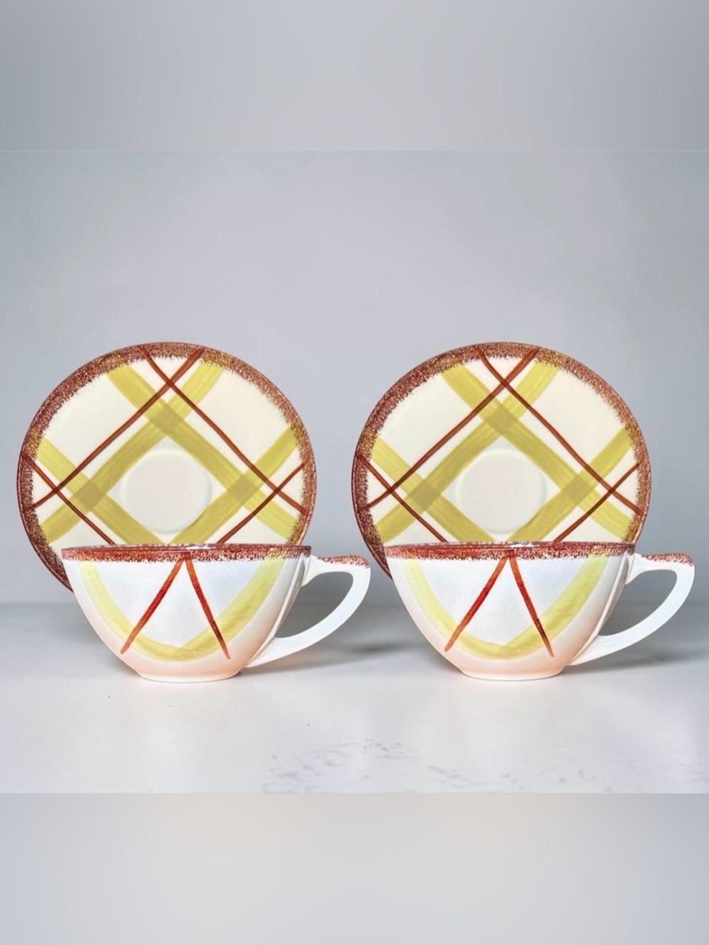 Knowles White Yellow and Brown Geometric Teacup and Saucer Set